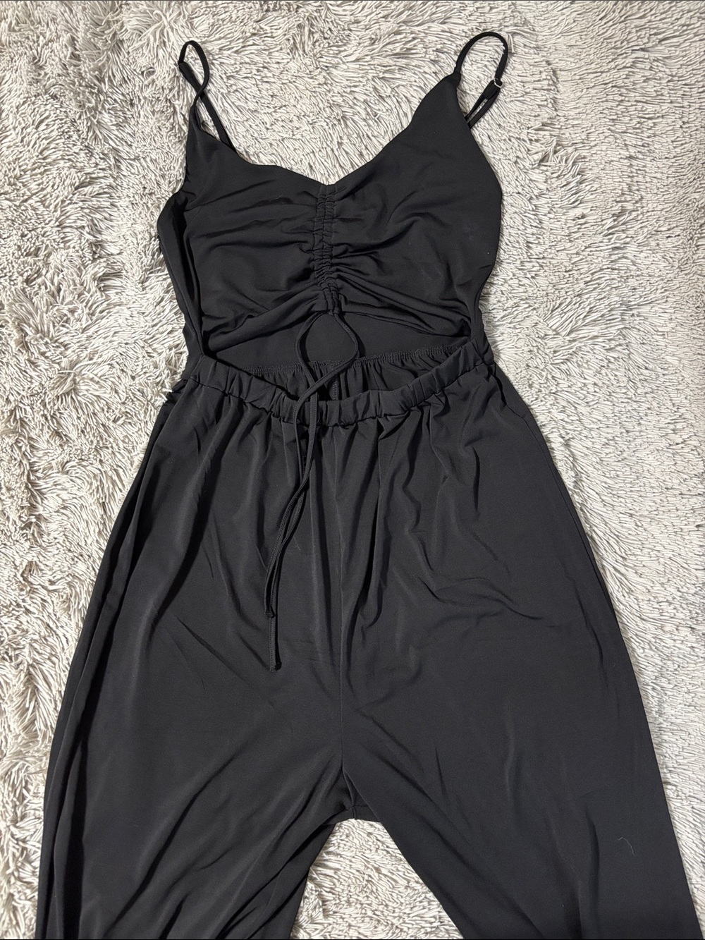 Love Tree Black Spaghetti-Strap Jumpsuit with Ruched Front